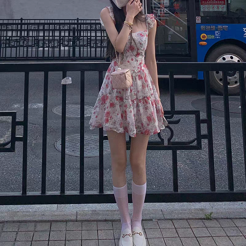 Romantic Ivory Pink Floral Square Neck Ruffle Strap A Line Short Homecoming Dress Birthday Dress AS3352