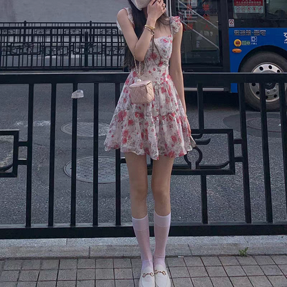 Romantic Ivory Pink Floral Square Neck Ruffle Strap A Line Short Homecoming Dress Birthday Dress AS3352