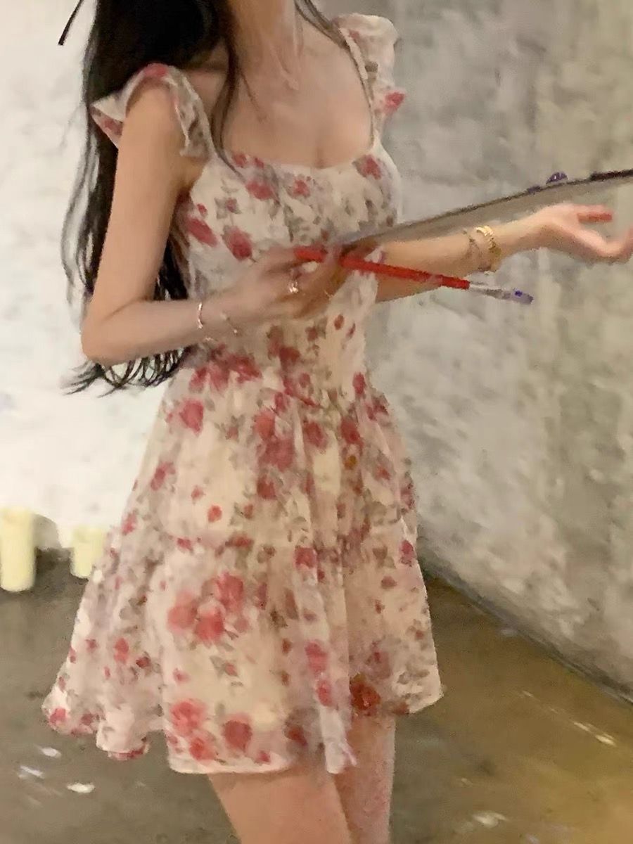 Romantic Ivory Pink Floral Square Neck Ruffle Strap A Line Short Homecoming Dress Birthday Dress AS3352