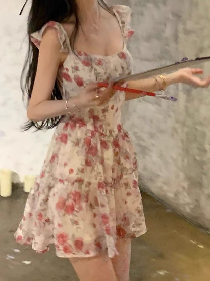 Romantic Ivory Pink Floral Square Neck Ruffle Strap A Line Short Homecoming Dress Birthday Dress AS3352