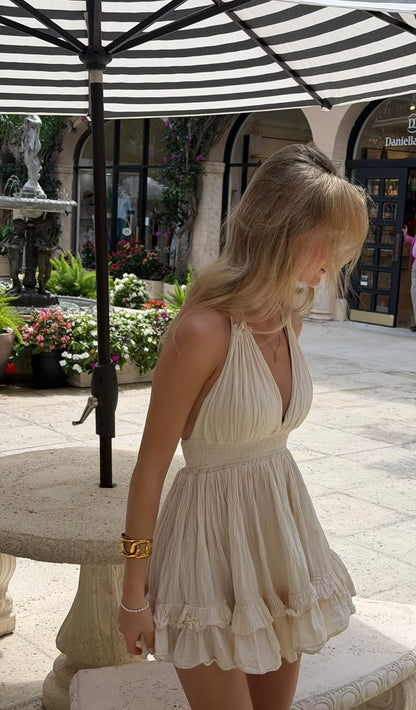 Ethereal Cream Halter Deep V Pleated Ruffled A-Line Short Homecoming Dress Birthday Dress AS3354
