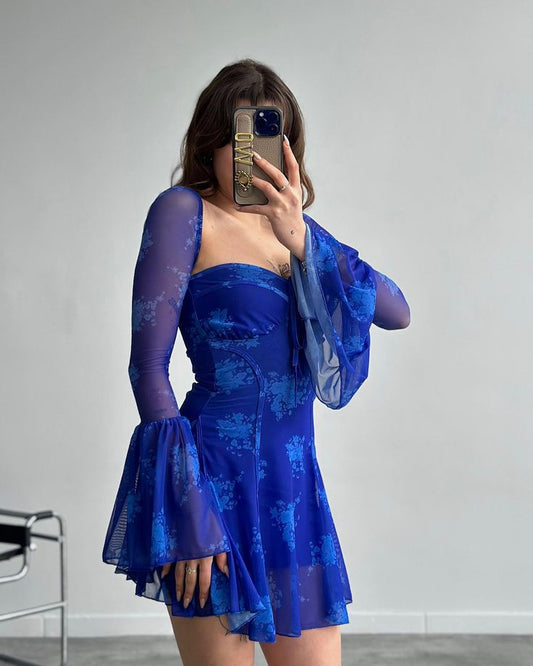 Chic Royal Blue Floral Sweetheart Neck Flare Long Sleeve A-Line Short Homecoming Dress Birthday Dress AS3356