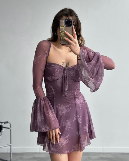 Chic Royal Blue Floral Sweetheart Neck Flare Long Sleeve A-Line Short Homecoming Dress Birthday Dress AS3356