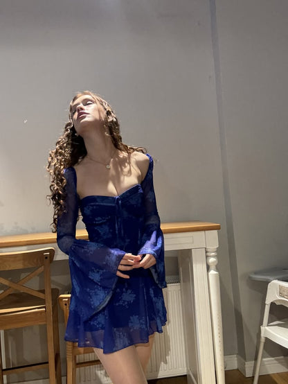 Chic Royal Blue Floral Sweetheart Neck Flare Long Sleeve A-Line Short Homecoming Dress Birthday Dress AS3356