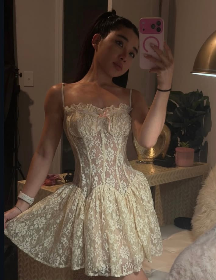 Delicate Cream Lace Spaghetti Strap Pink Ribbon Bow A-Line Short Homecoming Dress Birthday Dress AS3358
