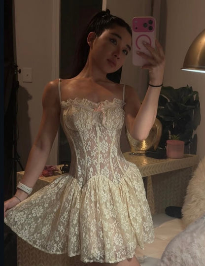 Delicate Cream Lace Spaghetti Strap Pink Ribbon Bow A-Line Short Homecoming Dress Birthday Dress AS3358