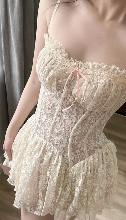 Delicate Cream Lace Spaghetti Strap Pink Ribbon Bow A-Line Short Homecoming Dress Birthday Dress AS3358