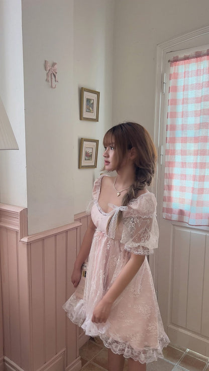 Sweet Blush Pink Lace Square Neck Puff Short Sleeve Bow A-Line Short Homecoming Dress Birthday Dress AS3359
