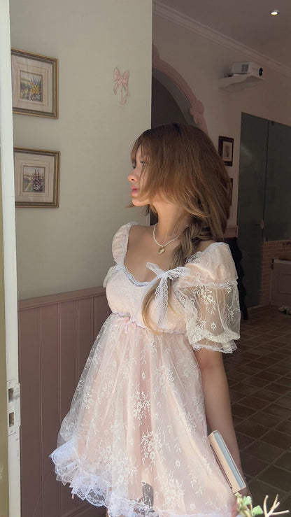 Sweet Blush Pink Lace Square Neck Puff Short Sleeve Bow A-Line Short Homecoming Dress Birthday Dress AS3359