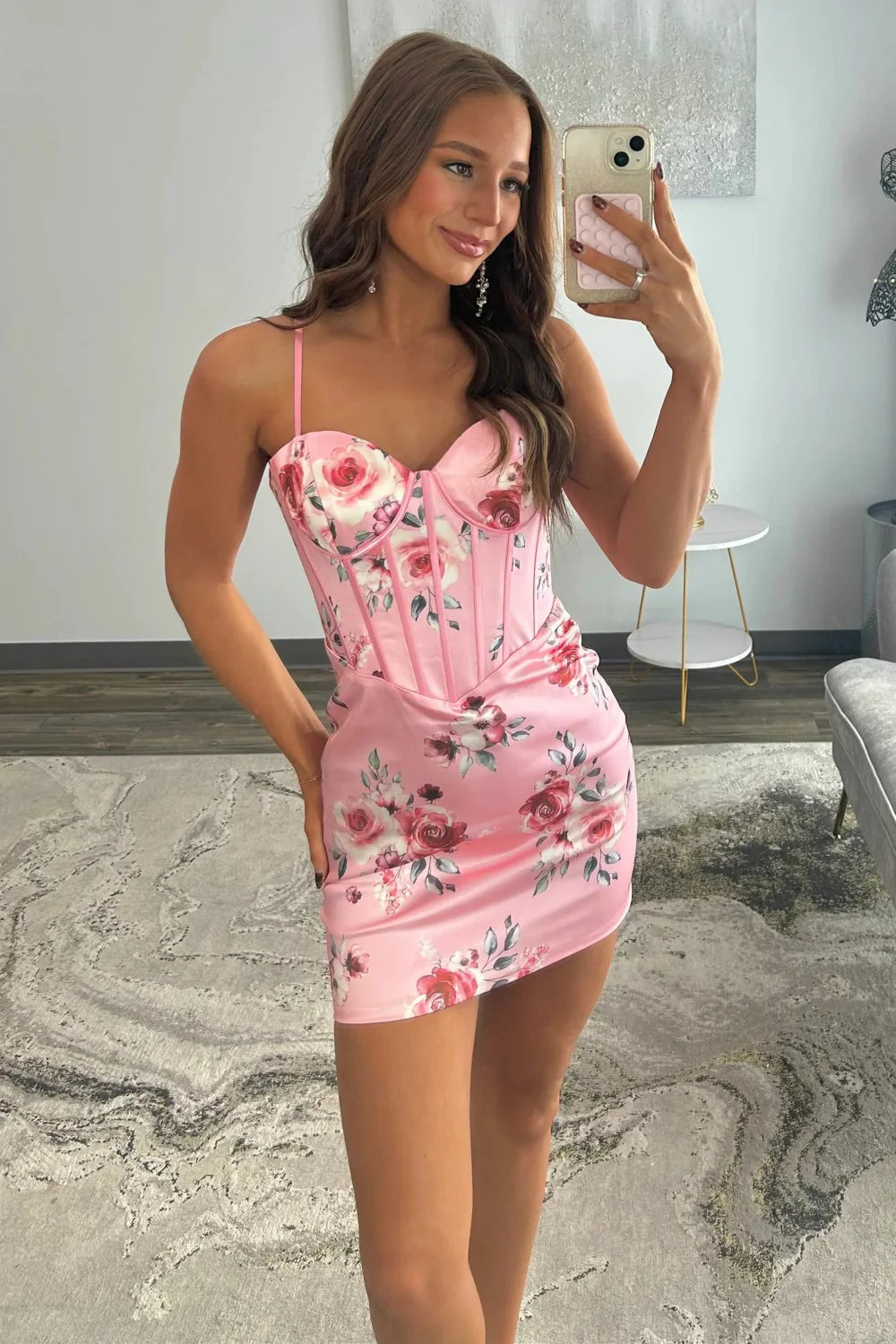 Pink Floral Spaghetti Straps Homecoming Dress With Corset Bodice And Fitted Skirt AS336