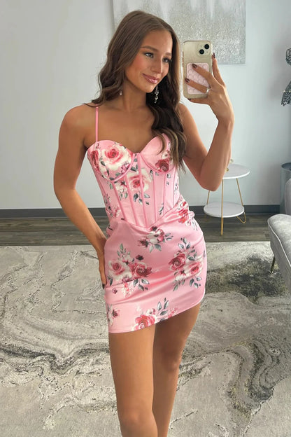 Pink Floral Spaghetti Straps Homecoming Dress With Corset Bodice And Fitted Skirt AS336