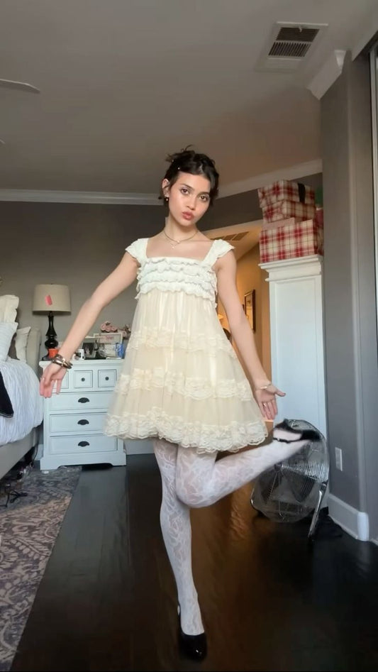 Cute Cream Square Neck Cap Sleeve Lace Tiered A Line Short Homecoming Dress Birthday Dress AS3360