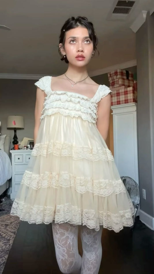 Cute Cream Square Neck Cap Sleeve Lace Tiered A Line Short Homecoming Dress Birthday Dress AS3360