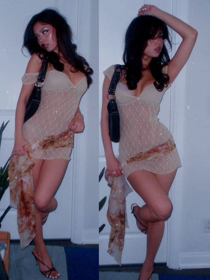 Sultry Beige Mesh V-Neck Off Shoulder Print Draped Sash Bodycon Short Homecoming Dress Birthday Dress AS3362