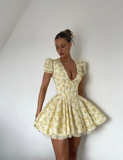Bright Yellow Floral V-Neck Puff Short Sleeve A-Line Short Homecoming Dress Birthday Dress AS3364