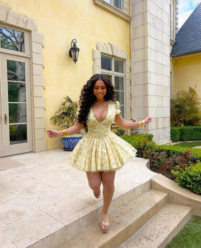 Bright Yellow Floral V-Neck Puff Short Sleeve A-Line Short Homecoming Dress Birthday Dress AS3364