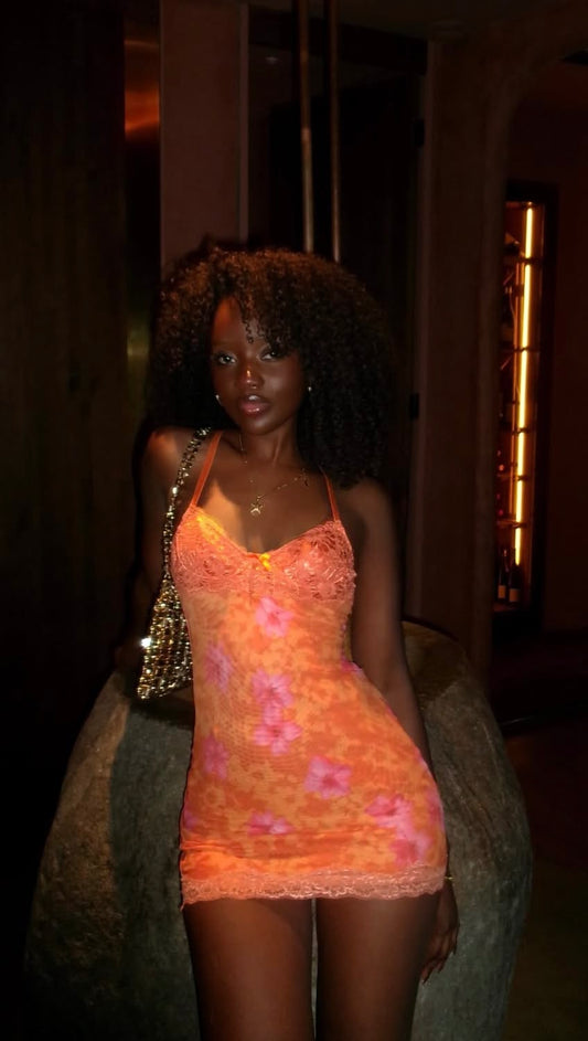 Vibrant Orange Floral Halter Lace Trim Bodycon Short Homecoming Dress Birthday Dress AS3367