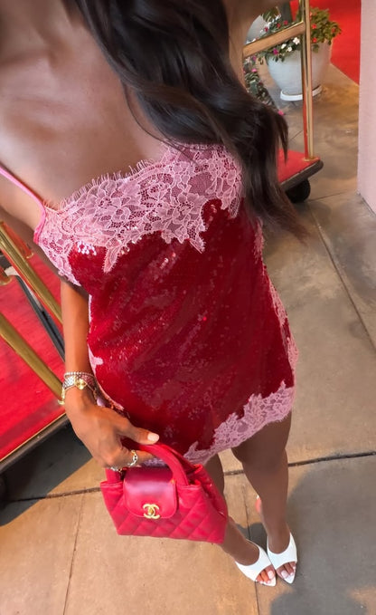 Glam Red Sequin Pink Lace Spaghetti Straps Bodycon Short Homecoming Dress Birthday Dress AS3368