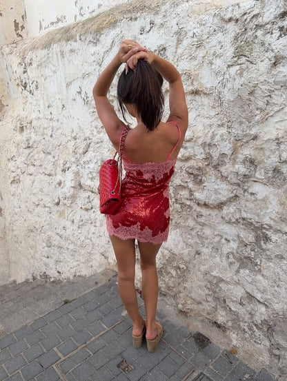 Glam Red Sequin Pink Lace Spaghetti Straps Bodycon Short Homecoming Dress Birthday Dress AS3368