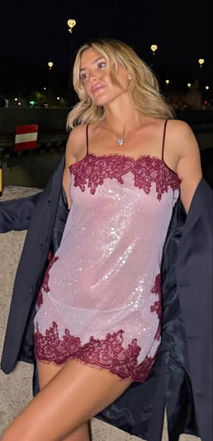Glam Red Sequin Pink Lace Spaghetti Straps Bodycon Short Homecoming Dress Birthday Dress AS3368