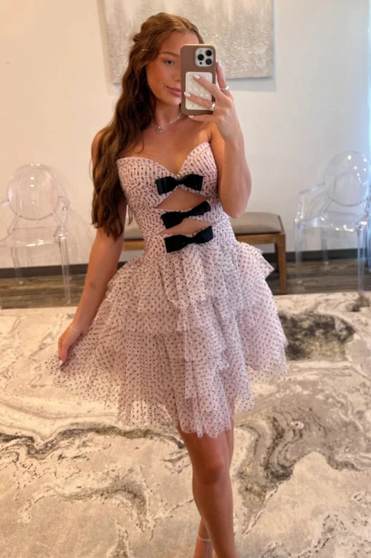 Strapless Pink Polka Dot Homecoming Dress With Cutout Bows And Tiered Skirt AS337