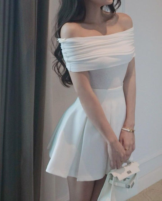 Elegant White Off Shoulder Pleated A-Line Short Homecoming Dress Birthday Dress AS3370