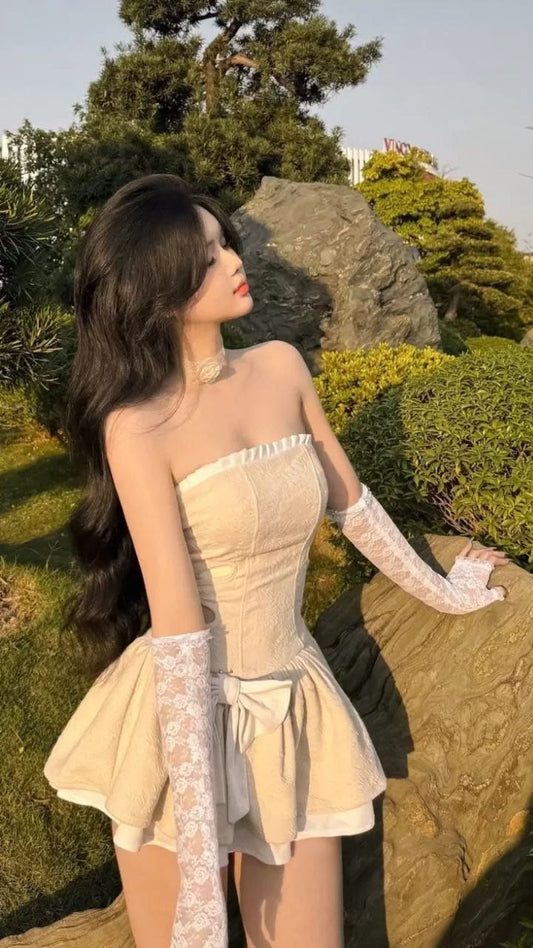 Sweet Cream Strapless Bow A-Line Short Homecoming Dress Birthday Dress AS3371