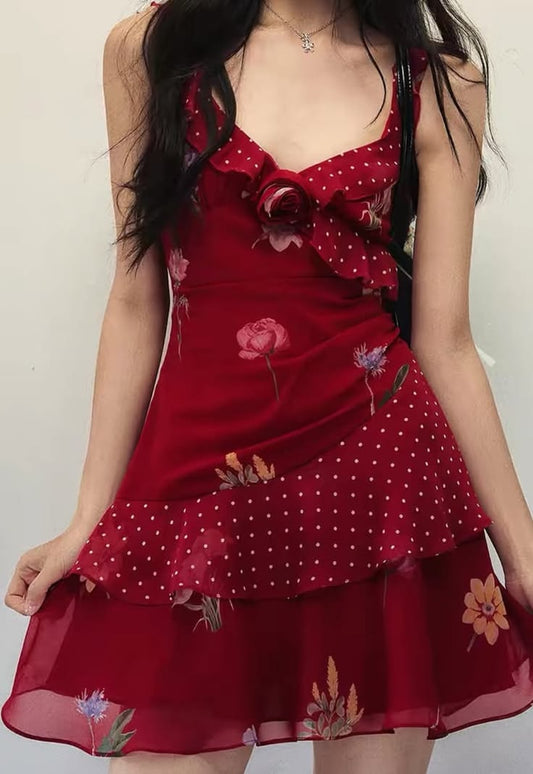 Romantic Red Floral V Neck Ruffle Strap A-Line Short Homecoming Dress Birthday Dress AS3372