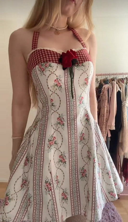Sweet White Red Halter Floral Print 3D Floal A-Line Short Homecoming Dress Birthday Dress AS3373