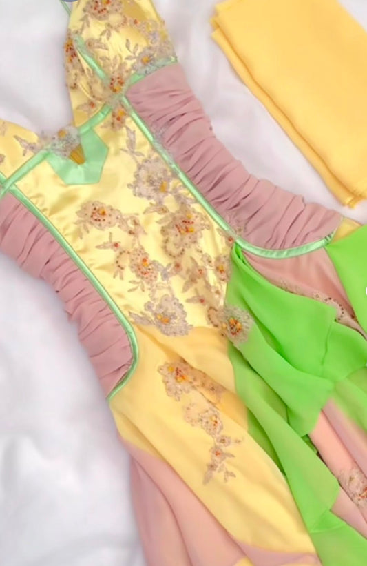 Whimsical Yellow Green Pink Contrast Spaghetti Straps Floral Appliques A Line Short Homecoming Dress Birthday Dress AS3374