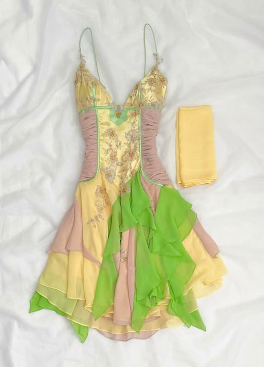 Whimsical Yellow Green Pink Contrast Spaghetti Straps Floral Appliques A Line Short Homecoming Dress Birthday Dress AS3374