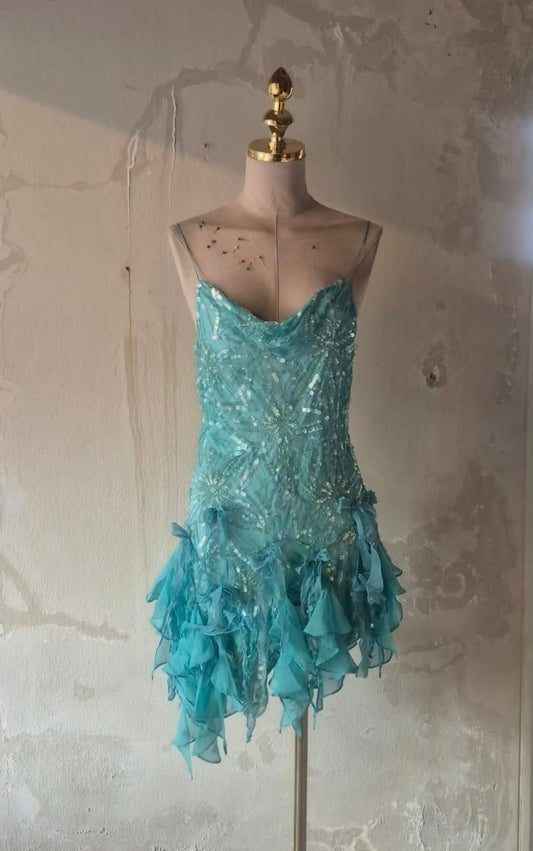 Glam Turquoise Spaghetti Straps Cowl Neck Sequin Beaded Bodycon Short Homecoming Dress Birthday Dress AS3376