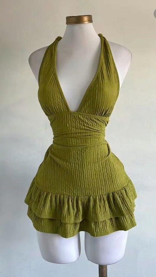 Chic Olive Green Halter Deep V Bodycon Short Homecoming Dress Birthday Dress AS3377