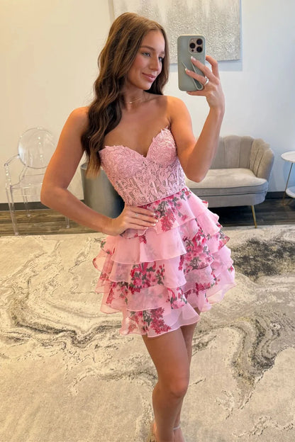 Floral A-Line Sweetheart Corset Homecoming Dress With Ruffled Tulle Skirt AS338
