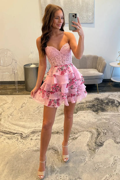 Floral A-Line Sweetheart Corset Homecoming Dress With Ruffled Tulle Skirt AS338