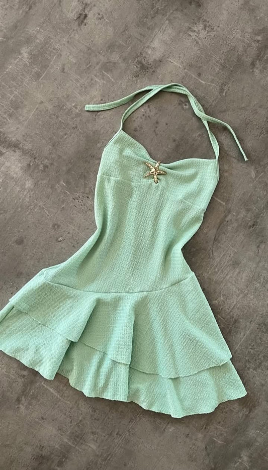 Fresh Mint Halter Gold Starfish A Line Short Homecoming Dress Birthday Dress AS3384