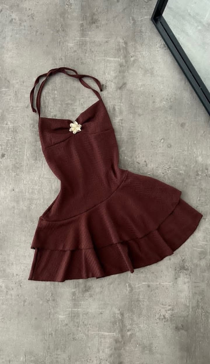 Chic Burgundy Halter White Flower A Line Short Homecoming Dress Birthday Dress AS3385