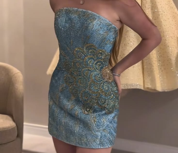 Glam Peacock Blue Strapless Sequin Beaded Bodycon Short Homecoming Dress Birthday Dress AS3387