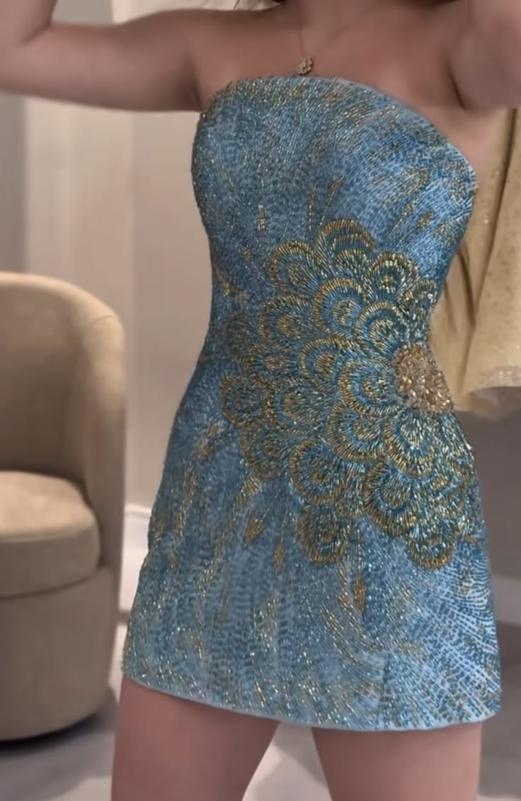 Glam Peacock Blue Strapless Sequin Beaded Bodycon Short Homecoming Dress Birthday Dress AS3387