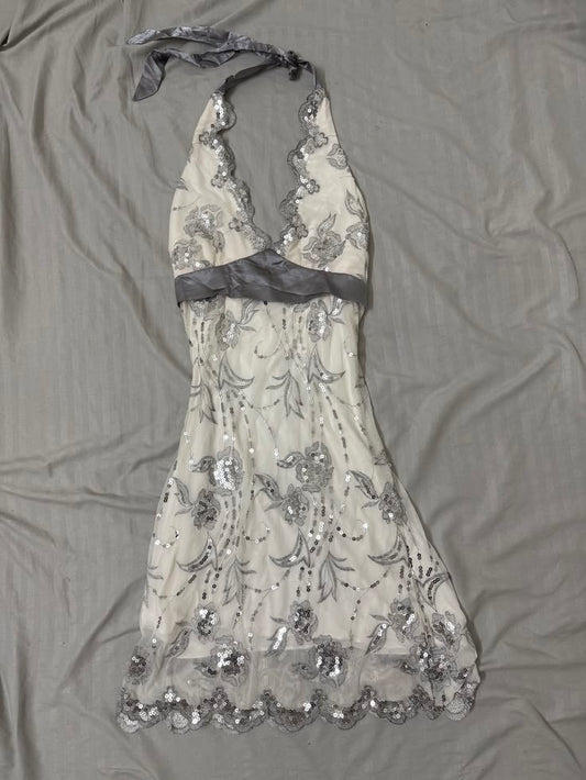 Vintage White Halter V-Neck Silver Floral Sequin Sheath Short Homecoming Dress Birthday Dress AS3388