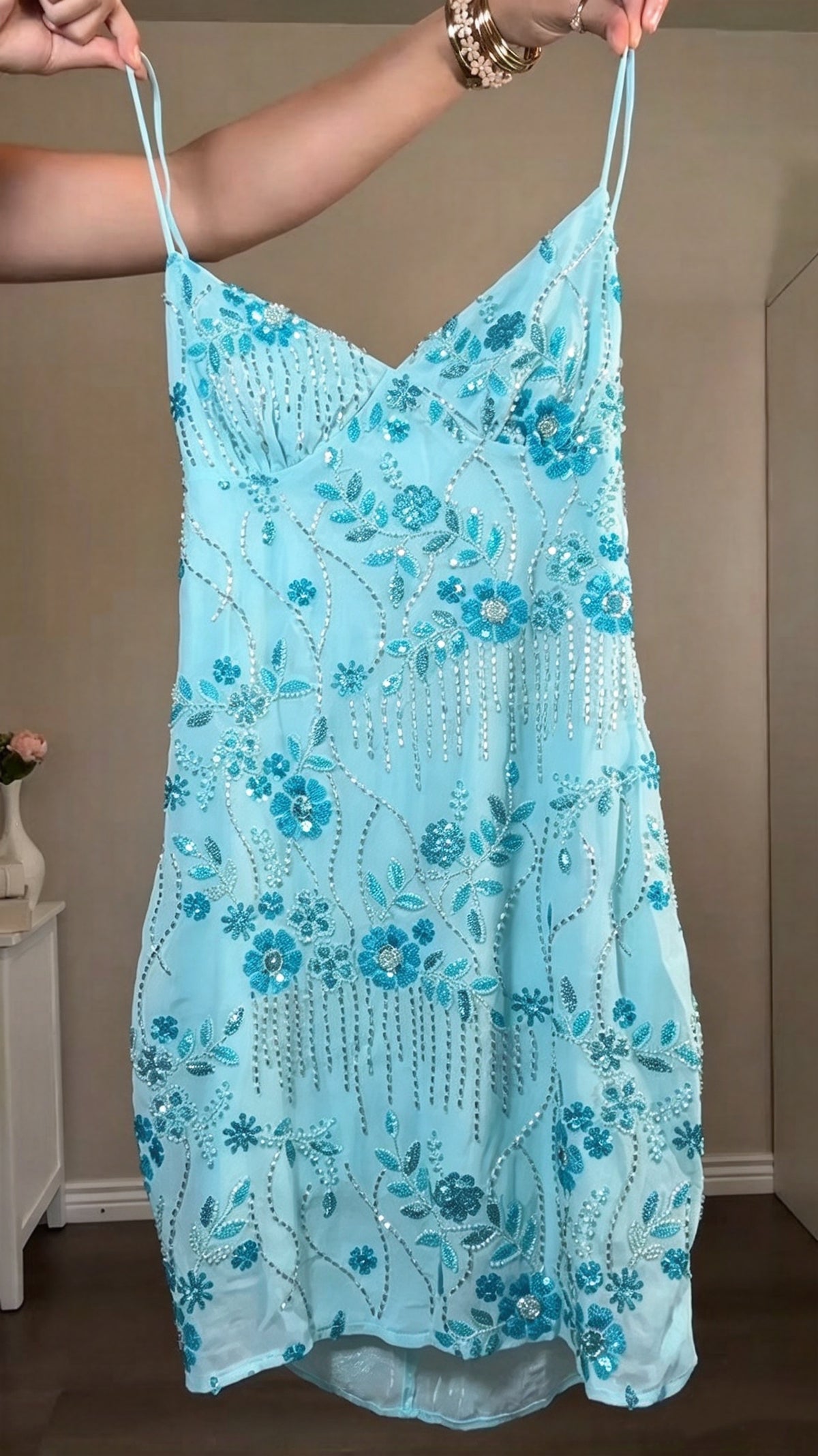 Dazzling Turquoise Spaghetti Straps V-Neck Floral Beaded Bodycon Short Homecoming Dress Birthday Dress AS3389