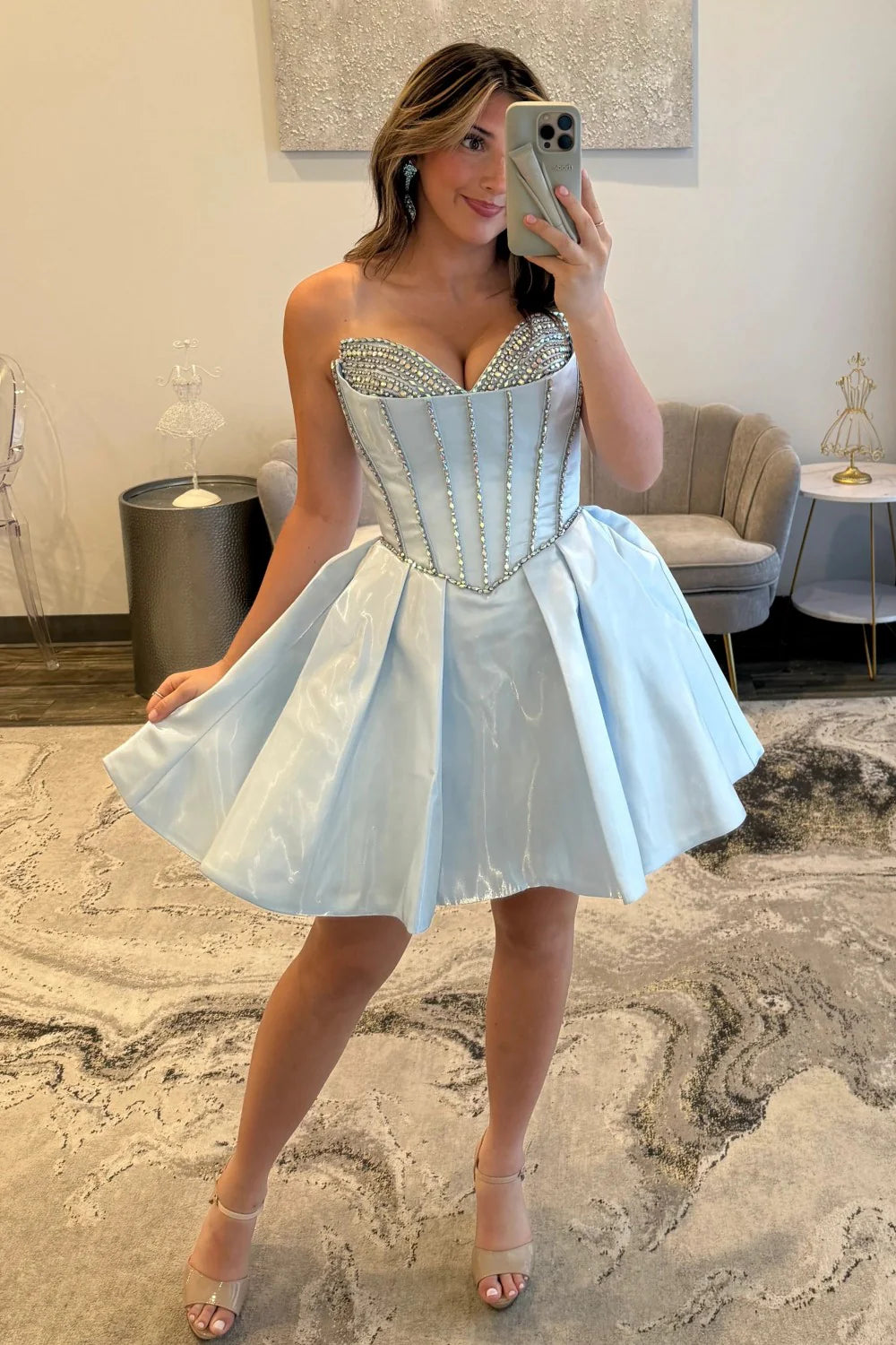 Stunning A-Line Sweetheart Corset Homecoming Dress With Crystal Detail And Flared Skirt AS339