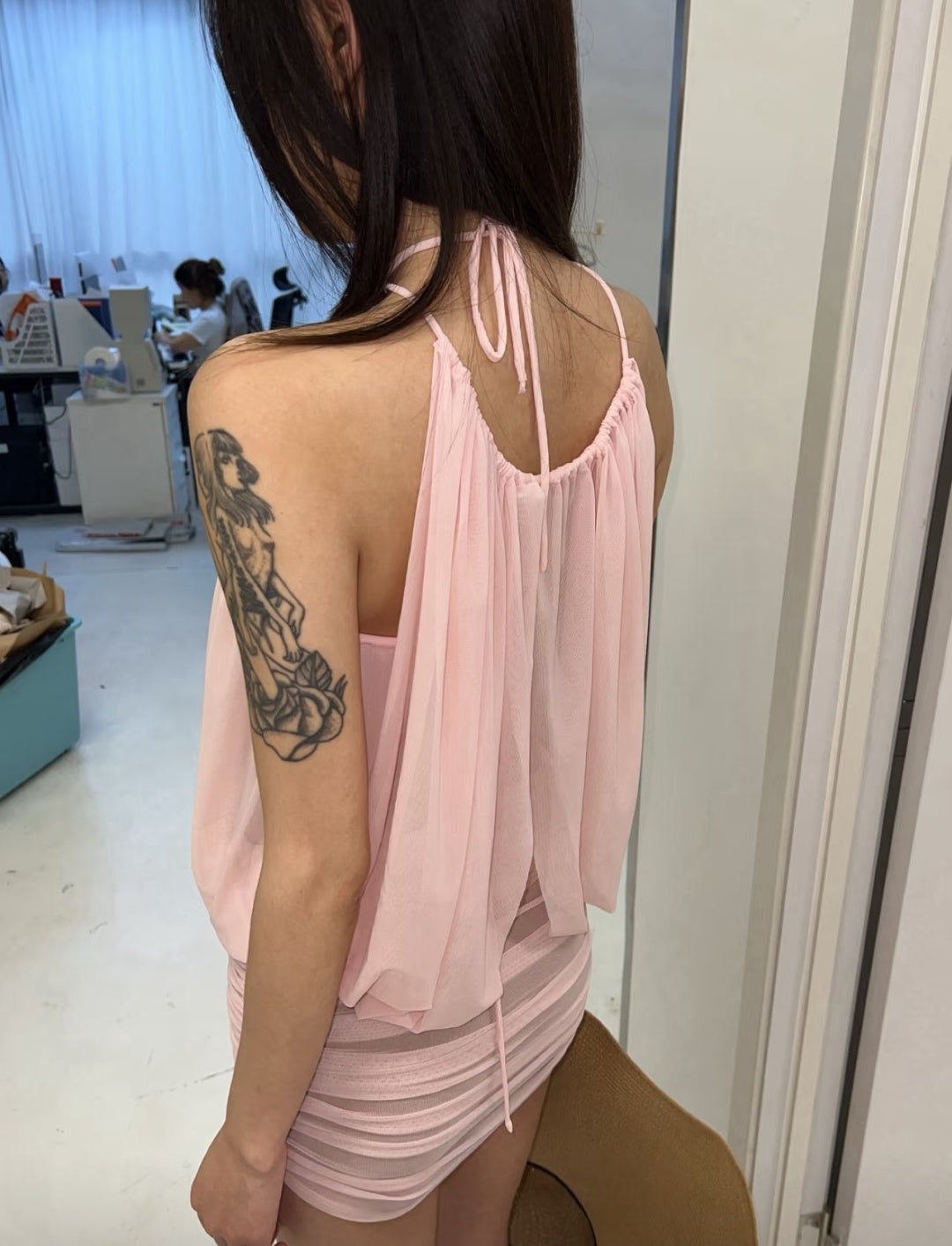 Chic Pink Halter Sheer Mesh Ruched Bodycon Short Homecoming Dress Birthday Dress AS3391