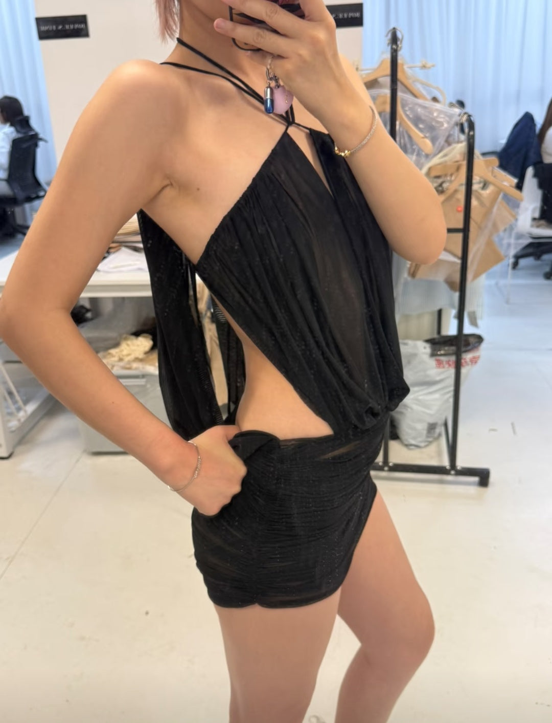 Chic Pink Halter Sheer Mesh Ruched Bodycon Short Homecoming Dress Birthday Dress AS3391