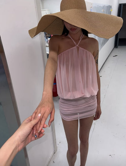 Chic Pink Halter Sheer Mesh Ruched Bodycon Short Homecoming Dress Birthday Dress AS3391