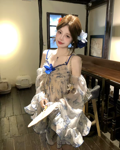 Chic Blue Floral Off Shoulder Long Flare Sleeve A Line Short Homecoming Dress Birthday Dress AS3393