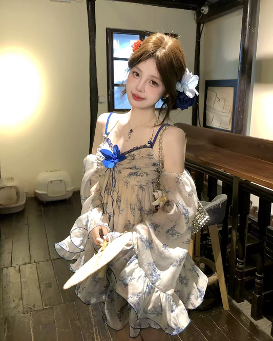 Chic Blue Floral Off Shoulder Long Flare Sleeve A Line Short Homecoming Dress Birthday Dress AS3393