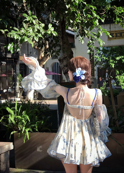 Chic Blue Floral Off Shoulder Long Flare Sleeve A Line Short Homecoming Dress Birthday Dress AS3393