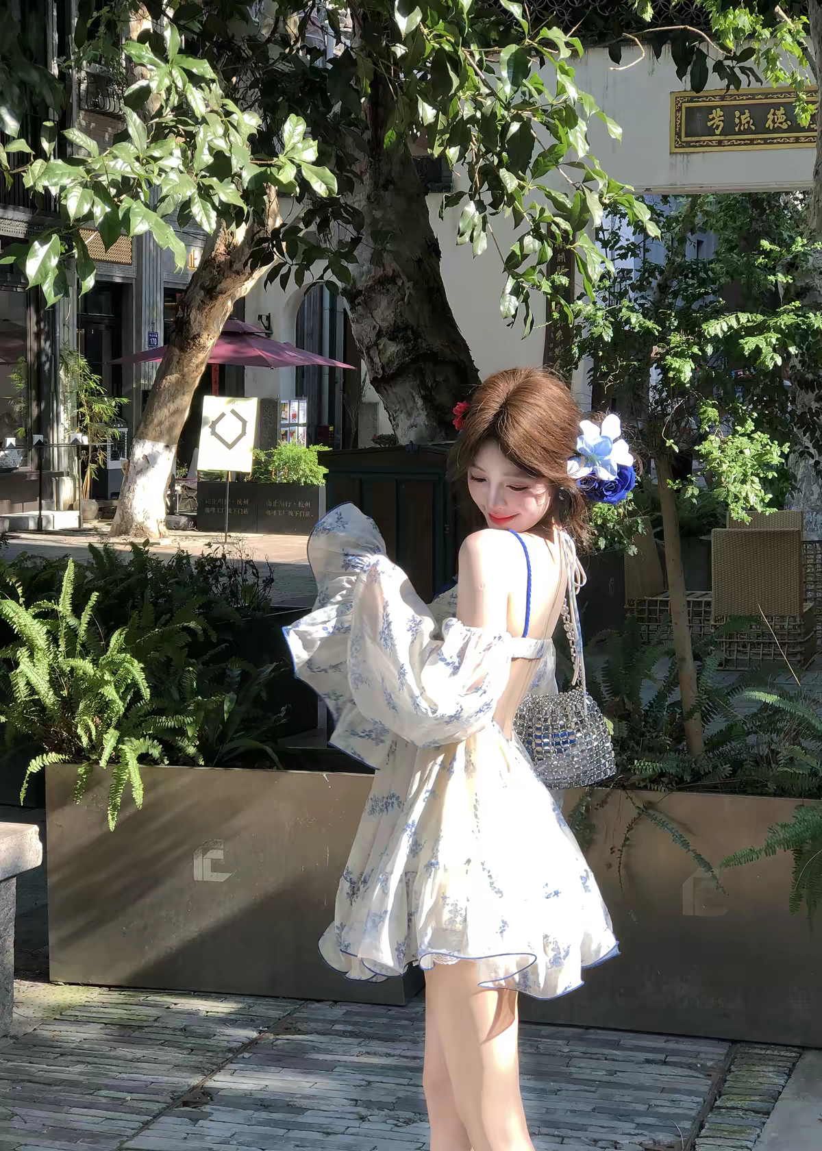 Chic Blue Floral Off Shoulder Long Flare Sleeve A Line Short Homecoming Dress Birthday Dress AS3393