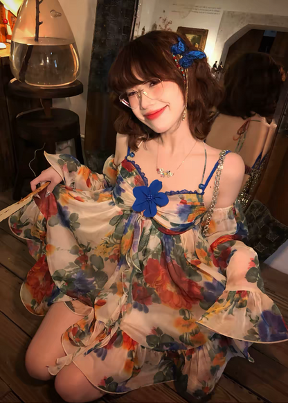 Chic Blue Floral Off Shoulder Long Flare Sleeve A Line Short Homecoming Dress Birthday Dress AS3393